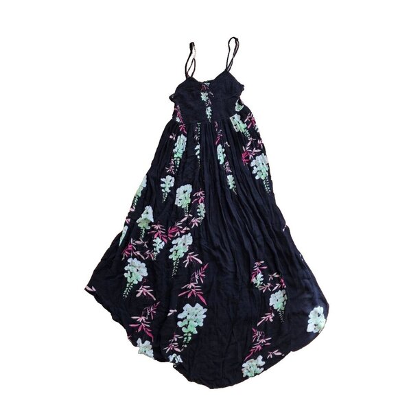 Free People Beau Smocked Floral Print Maxi dress flower Y2K Black M A001141 - Picture 2 of 8
